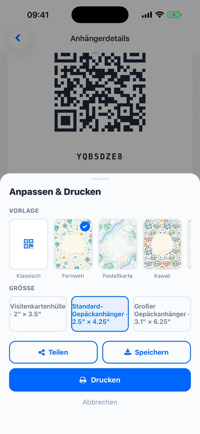 Anpassen & Drucken in TagTrek — Vorlage und Größe für deinen druckbaren QR-Anhänger wählen