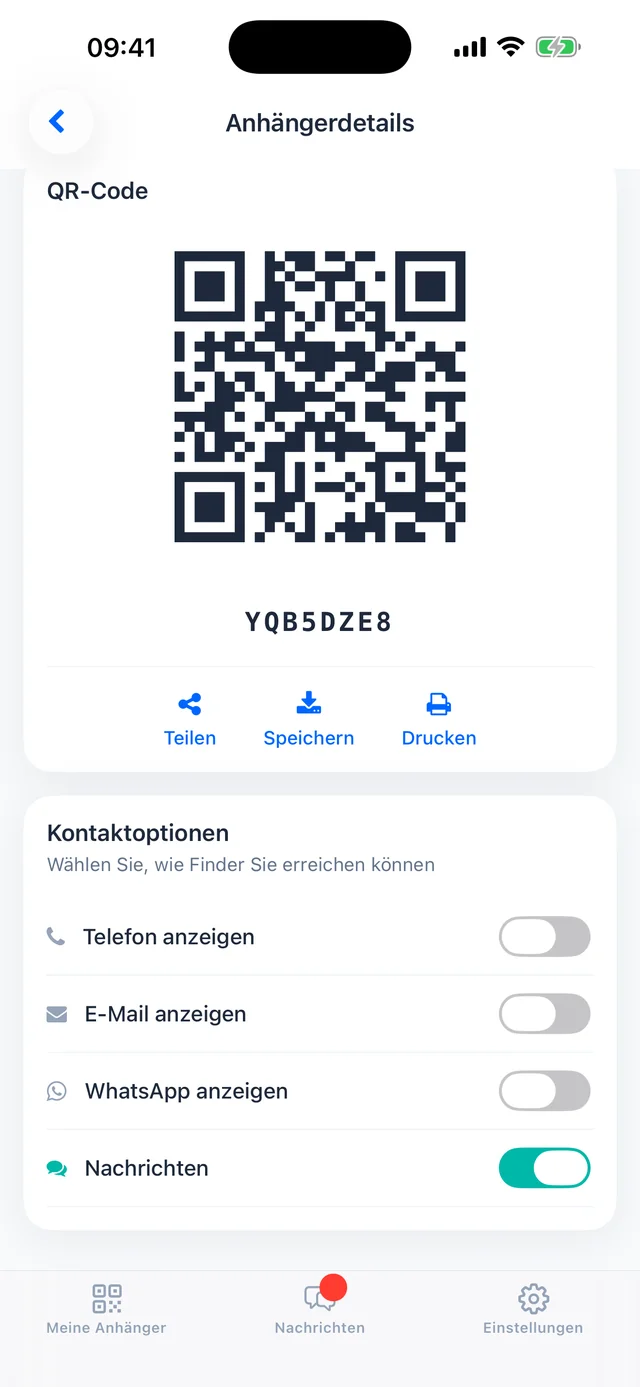 Der QR-Code deines Tags und die Kontaktwege, die Finder beim Scannen sehen