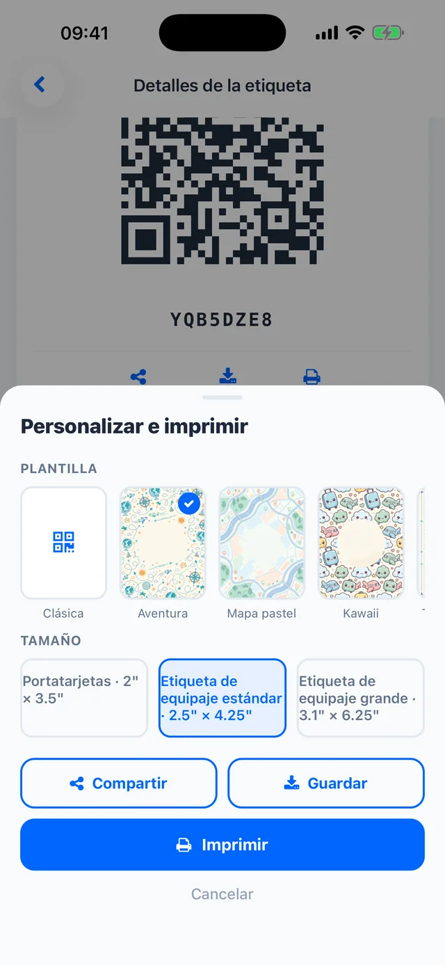 Personalizar e imprimir en TagTrek: elige una plantilla y un tamaño para tu etiqueta QR