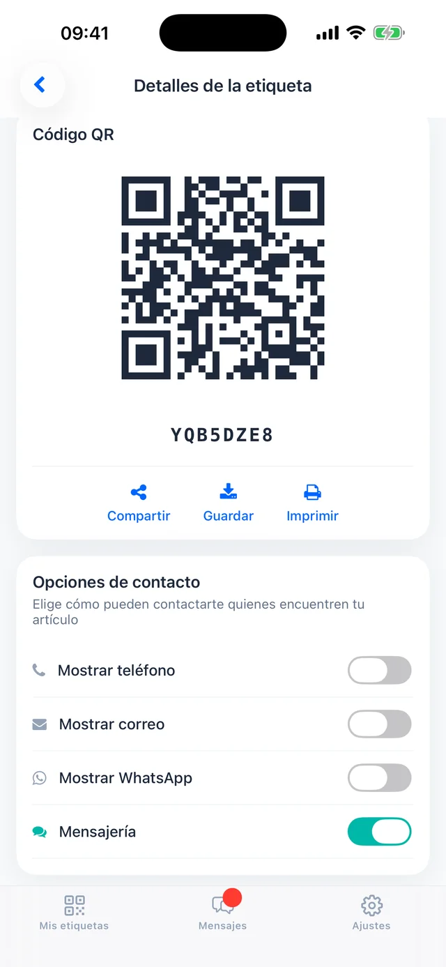 El código QR de tu etiqueta y las opciones de contacto que ve quien la escanea