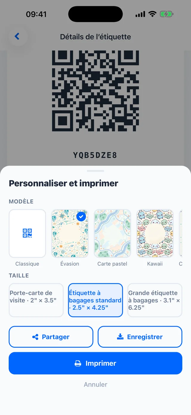 Personnaliser et imprimer dans TagTrek — choisissez un modèle et une taille pour votre tag QR imprimable