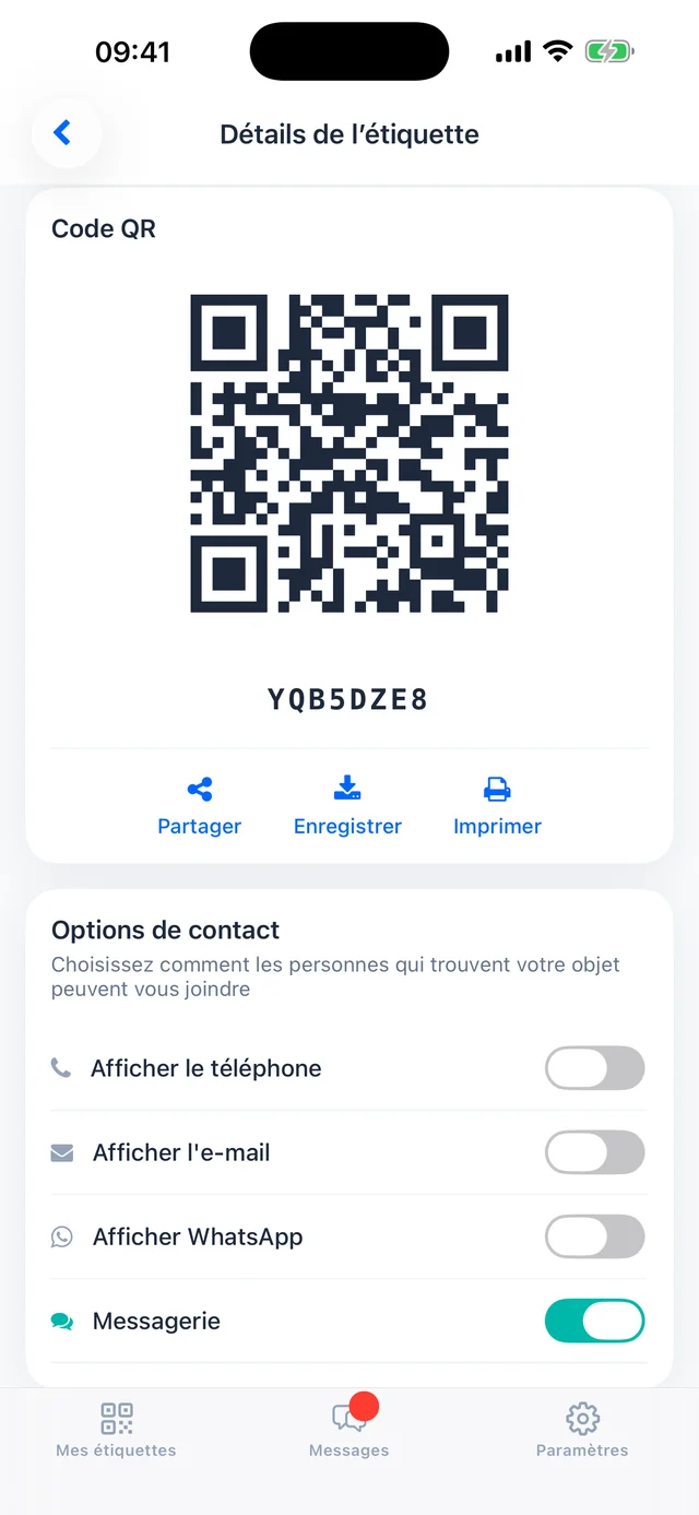 Le QR code de votre tag et les moyens de contact que voit celui qui le scanne