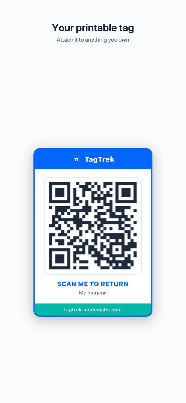A printable TagTrek QR tag — scan it and reach the owner in seconds