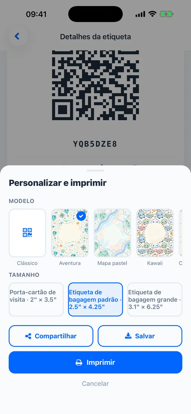 Crie e imprima uma etiqueta QR para a bagagem — ela não mostra dados pessoais, só o código