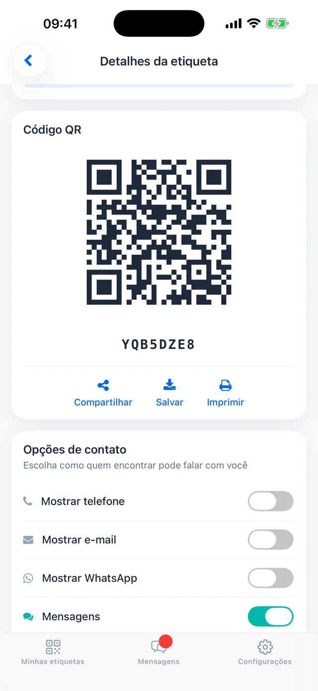 O QR code da sua etiqueta e as opções de contato que quem escaneia vê