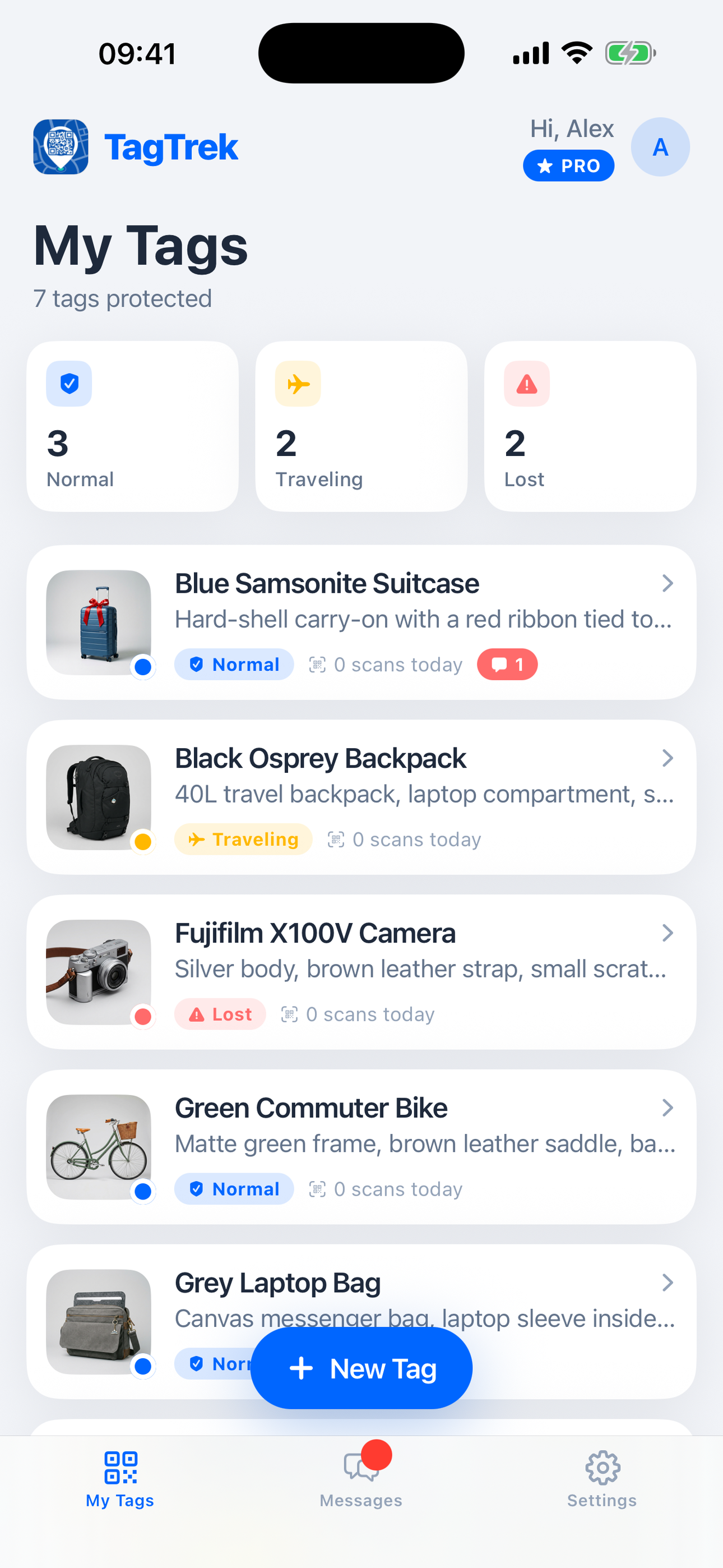The My Tags screen in TagTrek, listing every tagged item and its mode