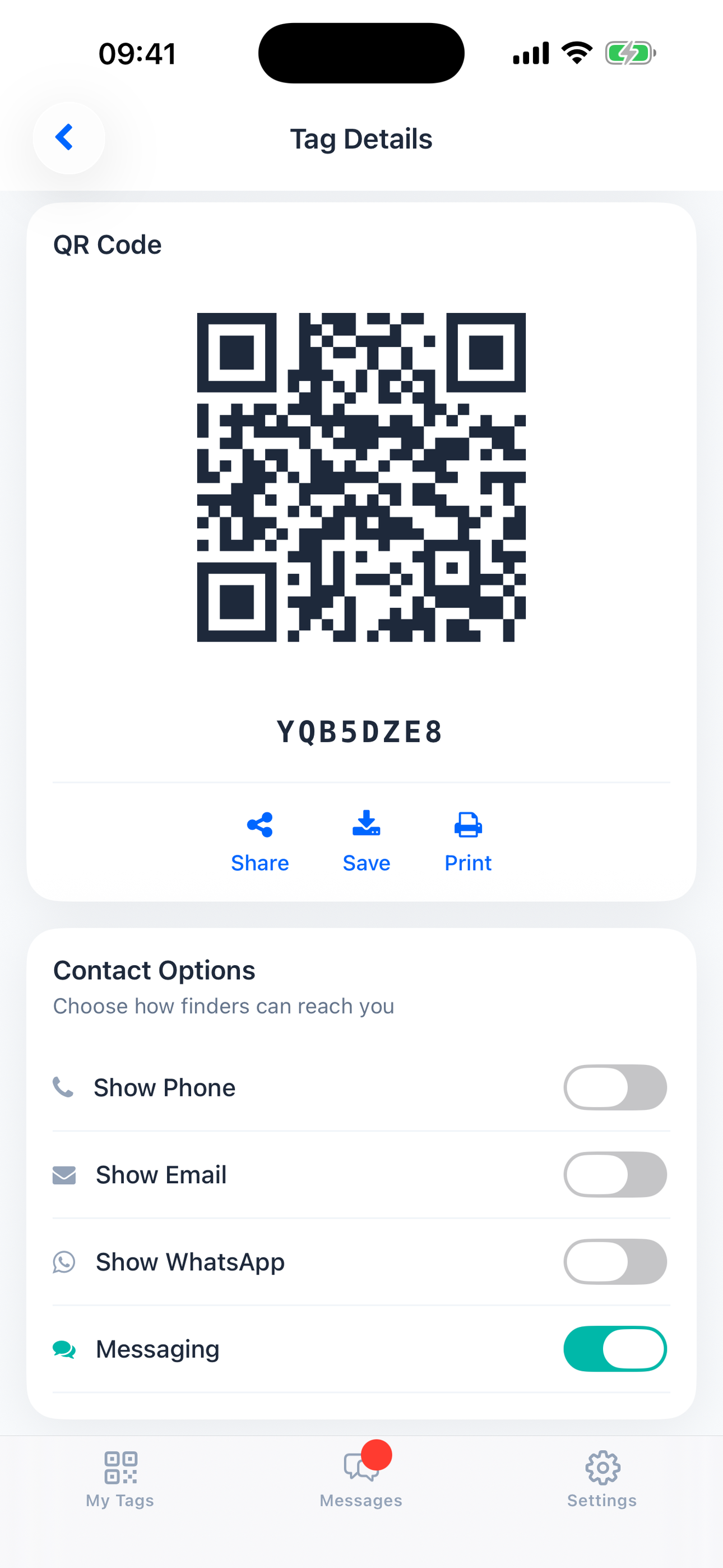 A tag's QR code with Share, Save and Print, plus its contact options