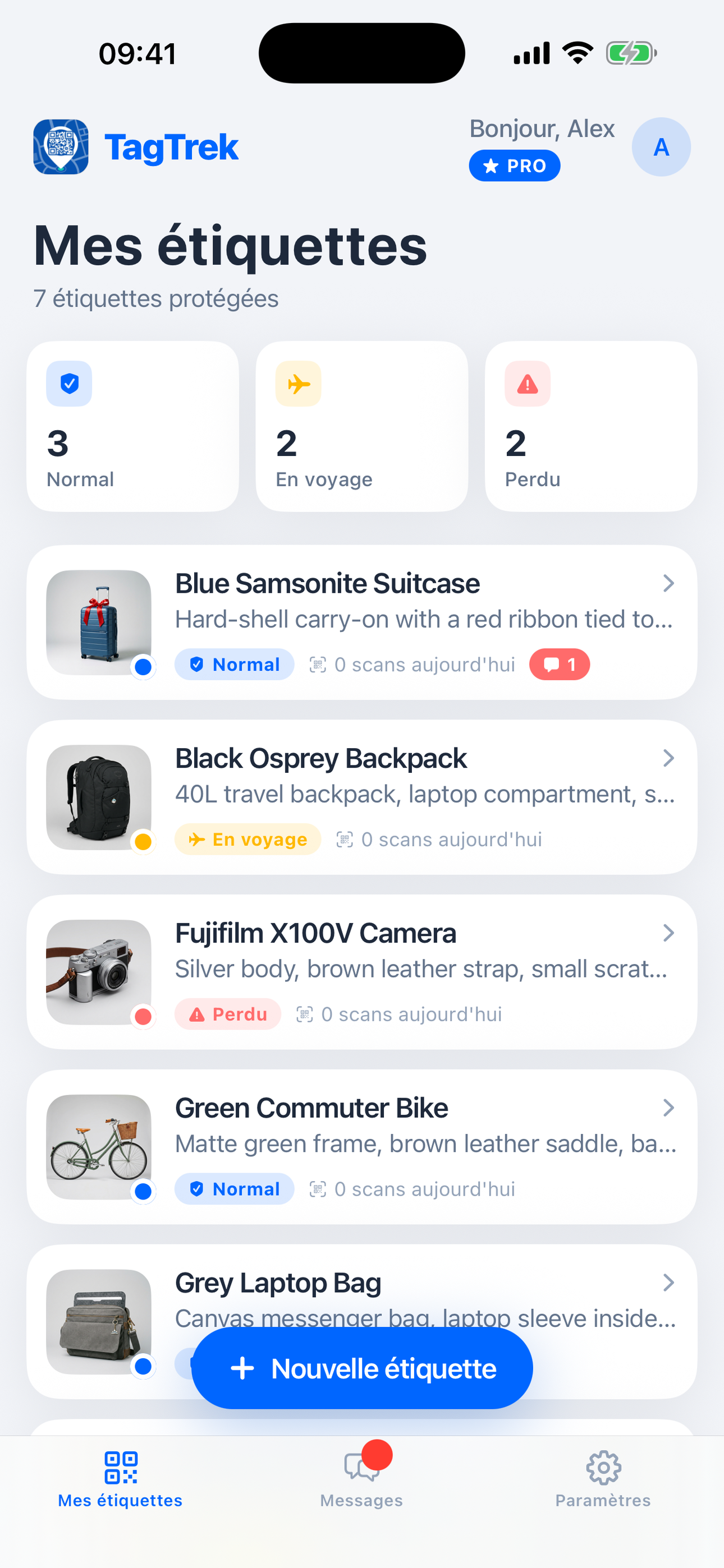 L'écran Mes tags de TagTrek, avec chaque objet et son mode