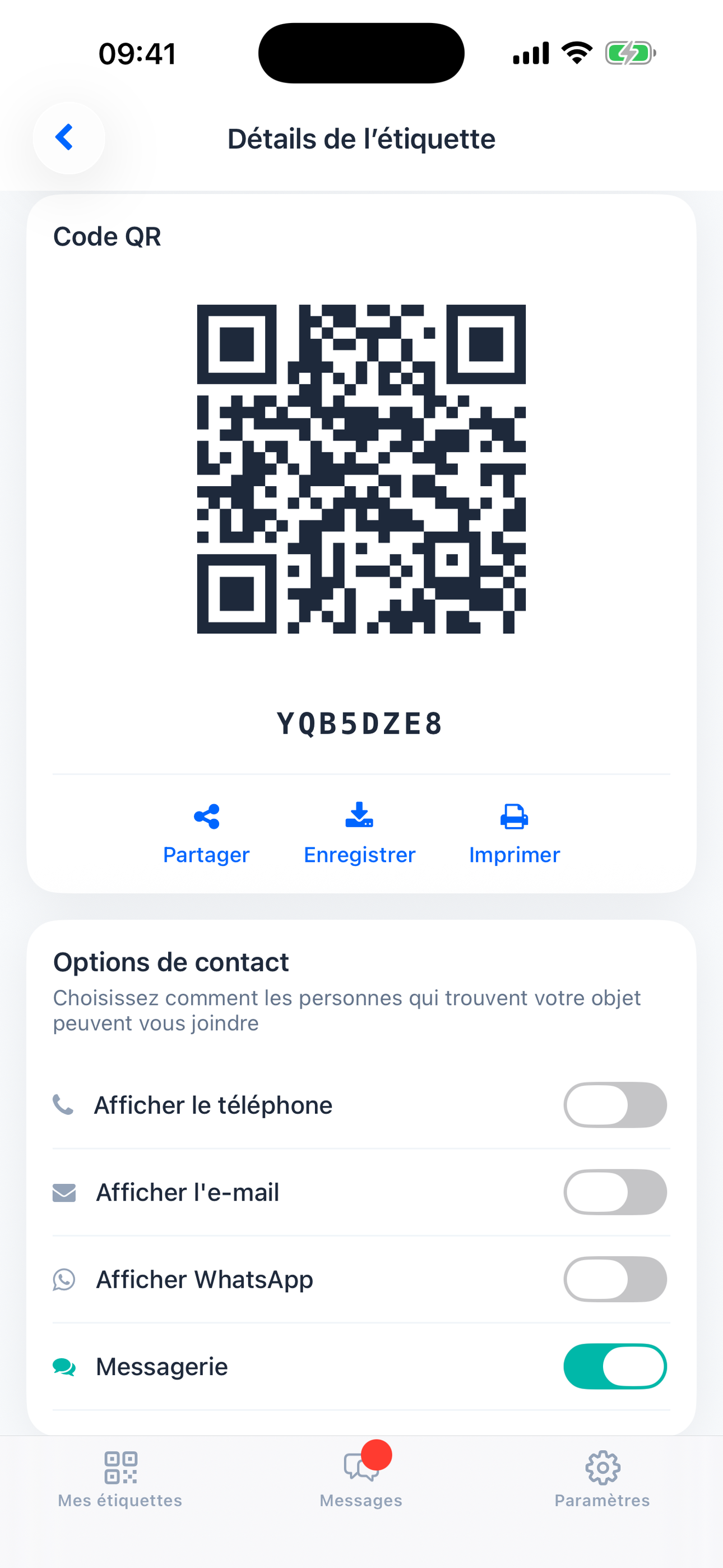 Le QR code d'un tag avec Partager, Enregistrer et Imprimer, et ses options de contact