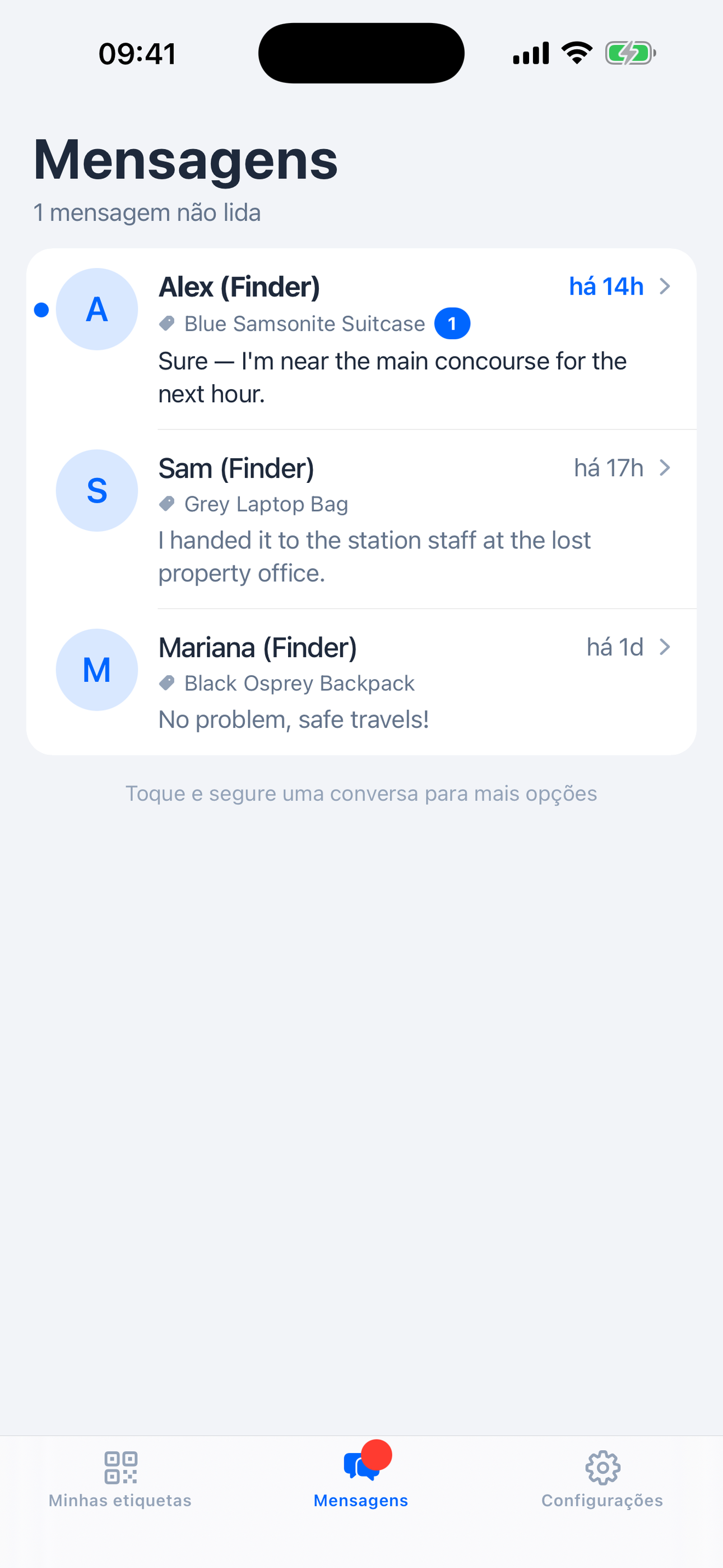 Mensagens de quem encontrou seus itens com etiqueta